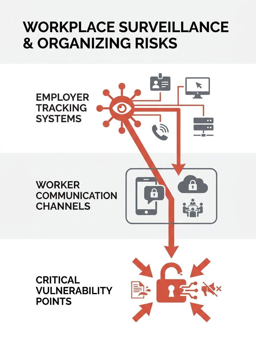 An infographic showing how healthcare employer surveillance infrastructure (badge tracking, network monitoring, workstation logging, phone recording) overlaps with channels workers use to organize, wi