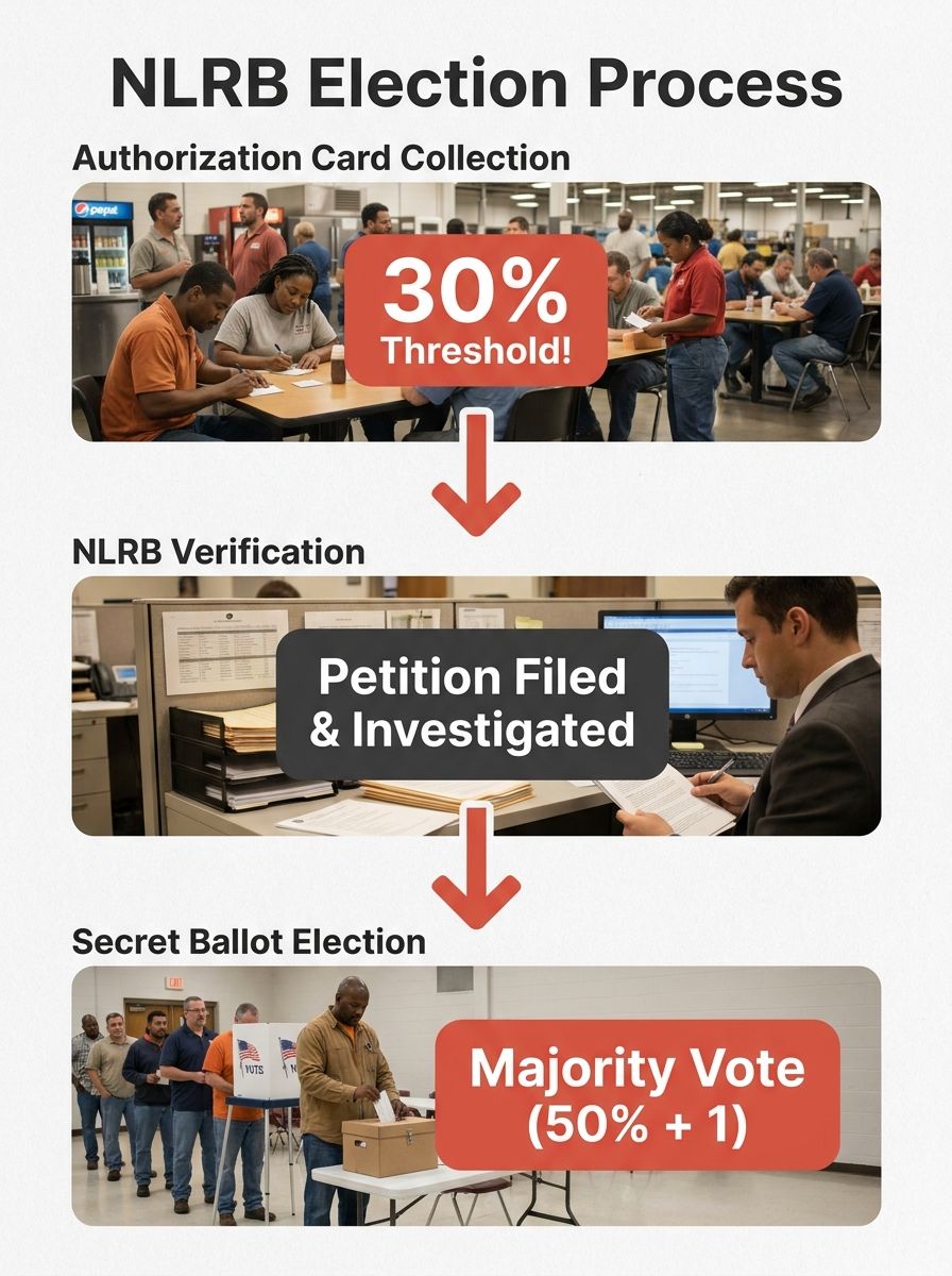 Infographic showing the step-by-step NLRB election petition process, starting from authorization card collection at 30%, through NLRB verification, to secret ballot election, with percentage threshold