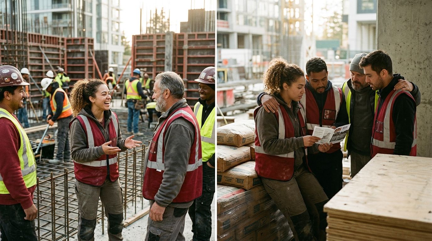 two-panel illustration showing a worker building genuine relationships with coworkers on one side, and the same worker having a private organizing conversation during a break on the other side
