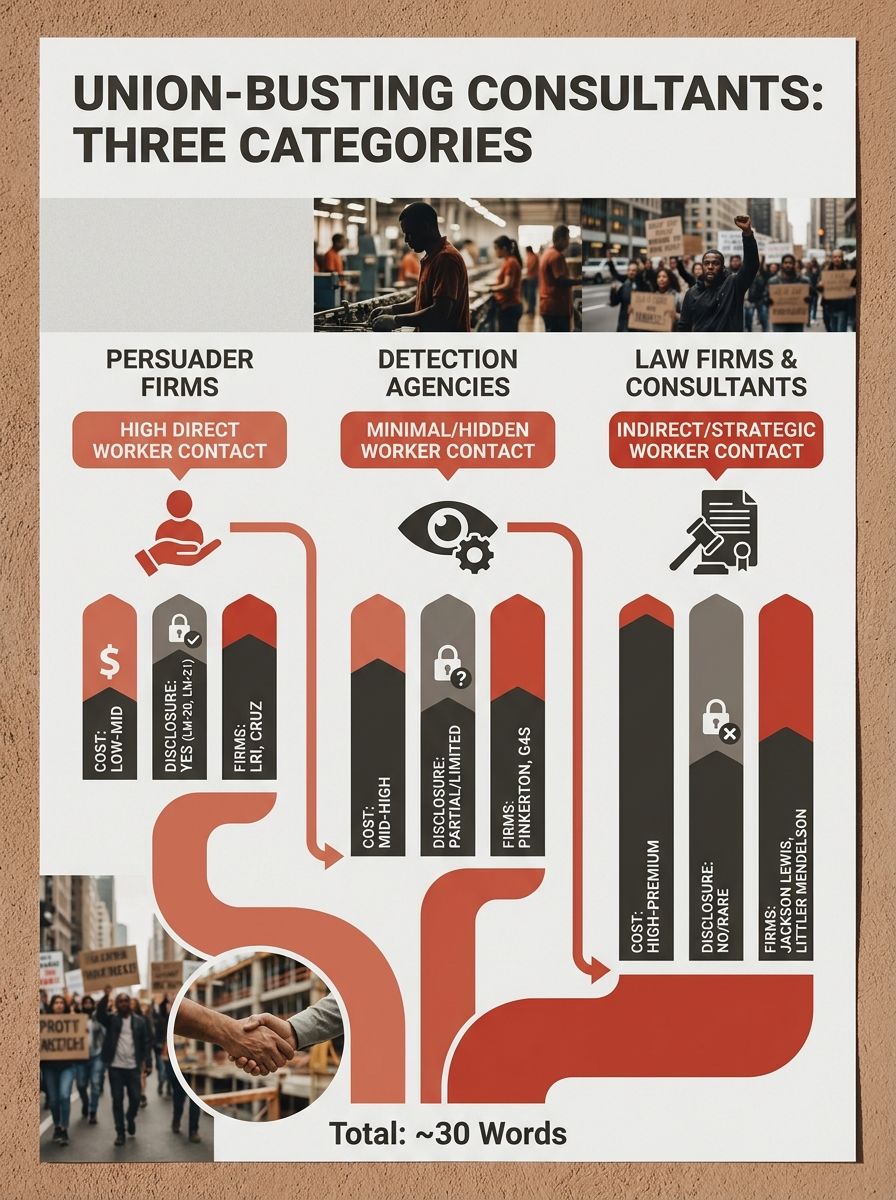 Infographic showing the three categories of union-busting consultants arranged in columns, with cost ranges, worker contact levels, federal disclosure requirements, and known firm names flowing from e