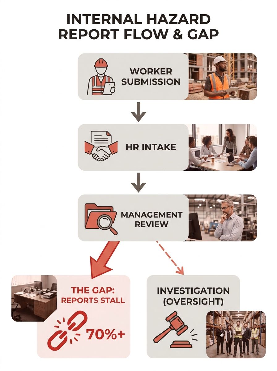 A flowchart showing how an internal company hazard report moves from worker submission through HR intake, management review, and investigation—with a highlighted gap showing where reports can stall or