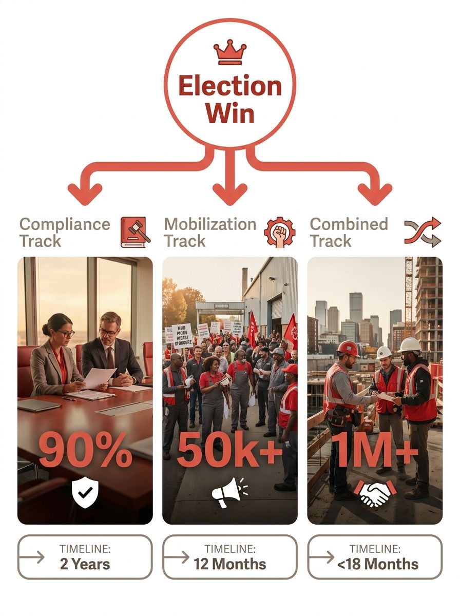 An infographic showing three branching paths from a central "Election Win" node, labeled Compliance Track, Mobilization Track, and Combined Track, with key stats and timelines for each path