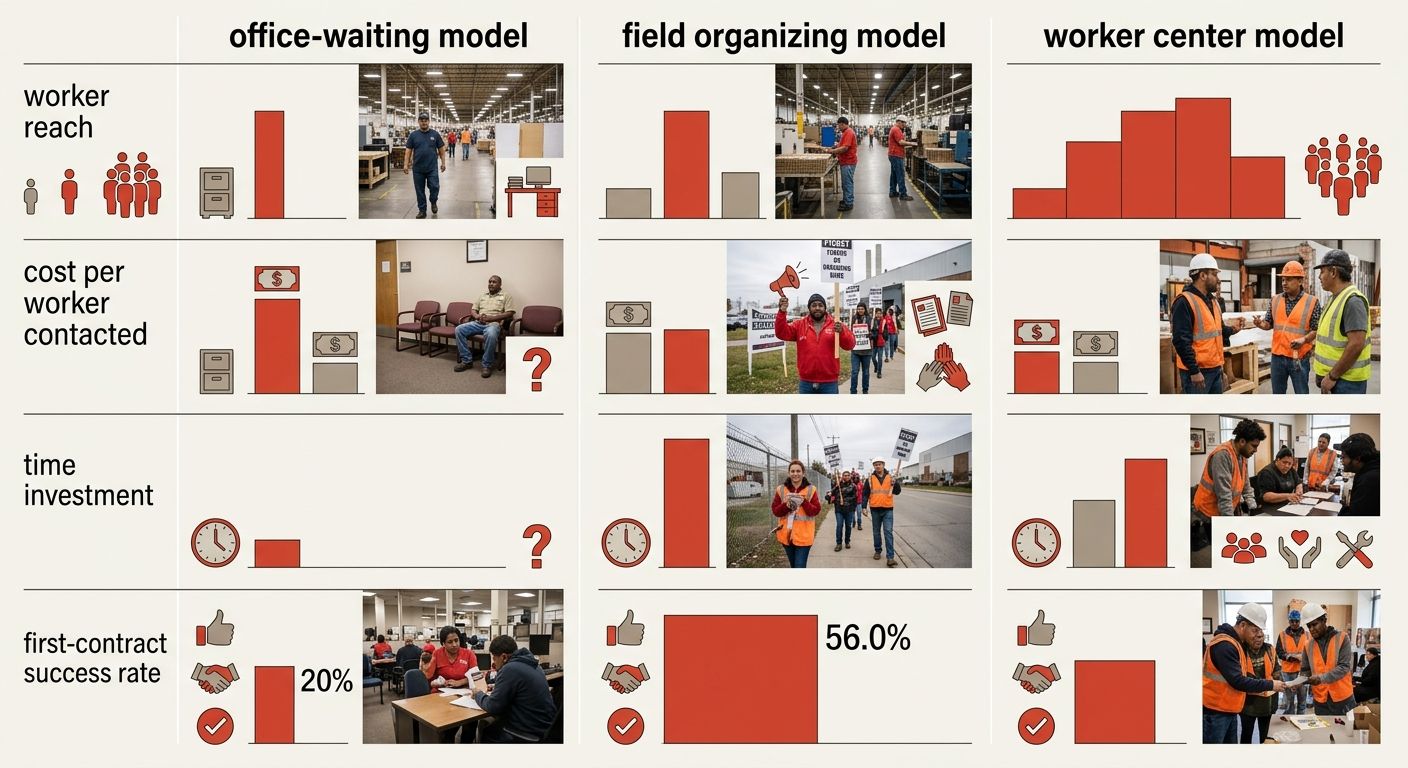 Infographic comparing three organizing models side by side in three columns: office-waiting model, field organizing model, and worker center model, with rows showing worker reach (narrow, medium, broa