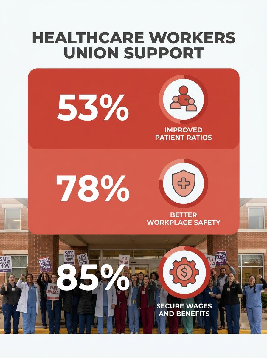 Healthcare workers holding union signs outside a hospital building