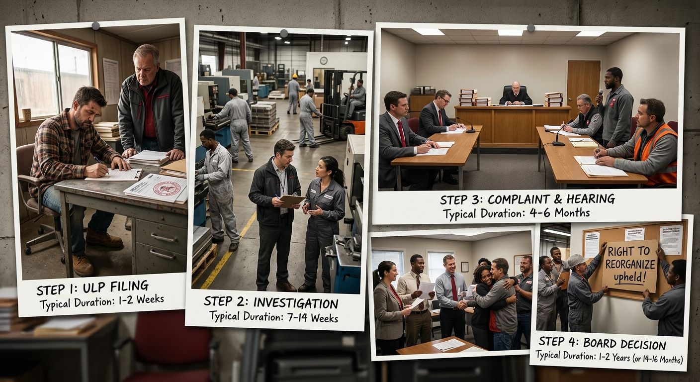 A timeline visualization showing typical NLRB case processing stages from ULP filing through investigation, complaint, hearing, and decision, with average duration marked at each stage
