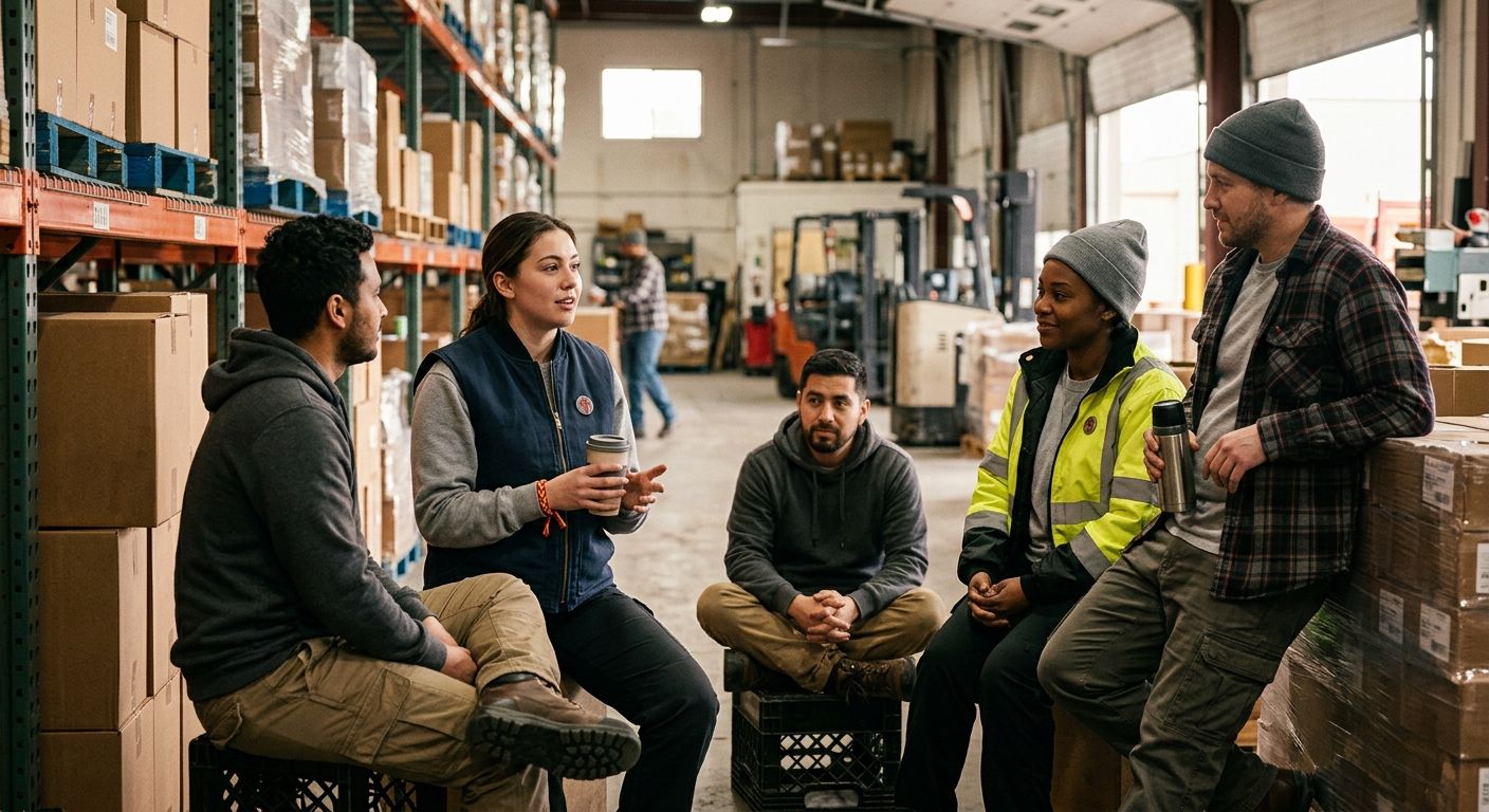 A photograph-style illustration of diverse workers having a quiet conversation during a break in a warehouse or retail stockroom, with subtle visual cues of solidarity like matching wristbands or butt