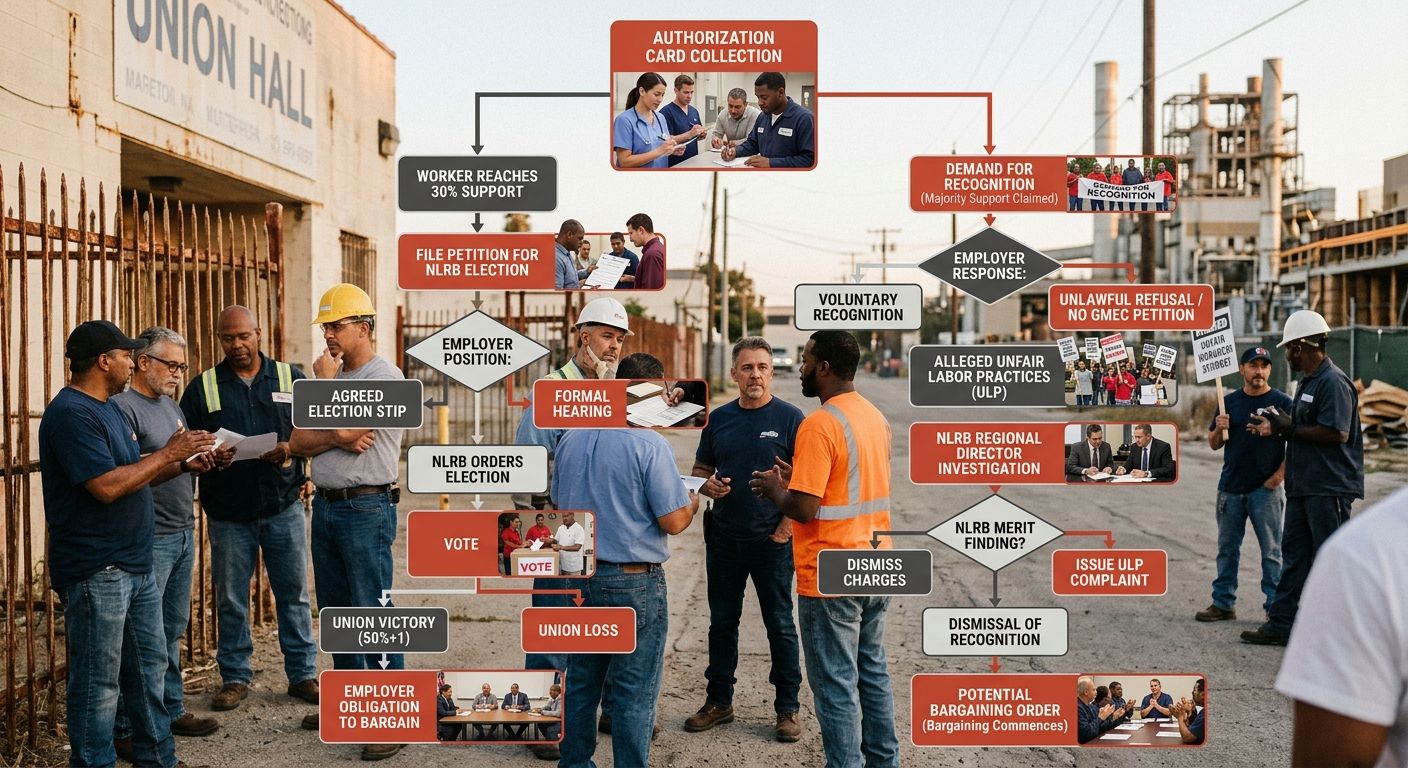 A flowchart illustrating two parallel paths from authorization card collection, the traditional 30% NLRB election petition path and the 50%+ Cemex demand-for-recognition path, showing decision points