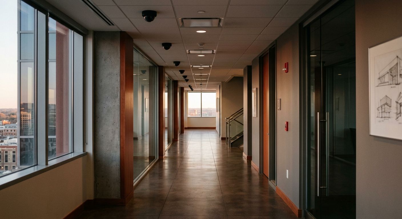 Empty modern office corridor with inactive security cameras mounted on ceiling