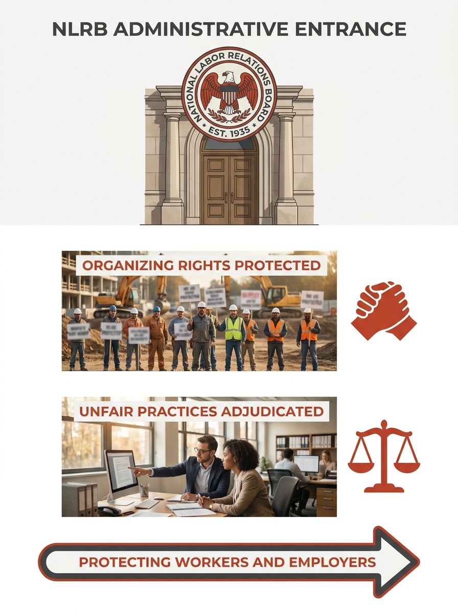 NLRB administrative courthouse entrance with National Labor Relations Board seal