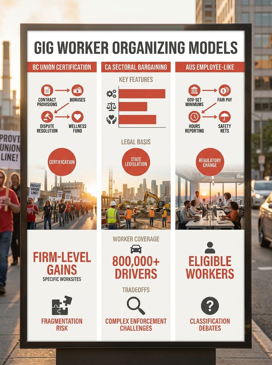 Infographic comparing three gig worker organizing models side by side — British Columbia union certification (showing contract provisions like bonuses, dispute resolution, wellness fund), California s
