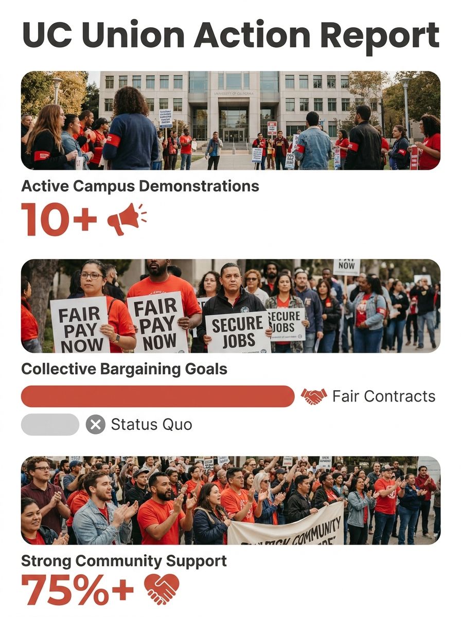 University of California campus with union members gathering outside administrative building