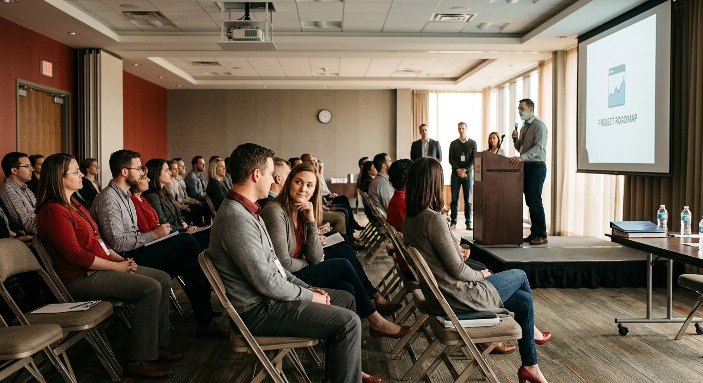 Illustration of a workplace meeting room scene where workers sit in rows of chairs facing a podium with management standing at the front, a projector showing a presentation slide, while a few workers 