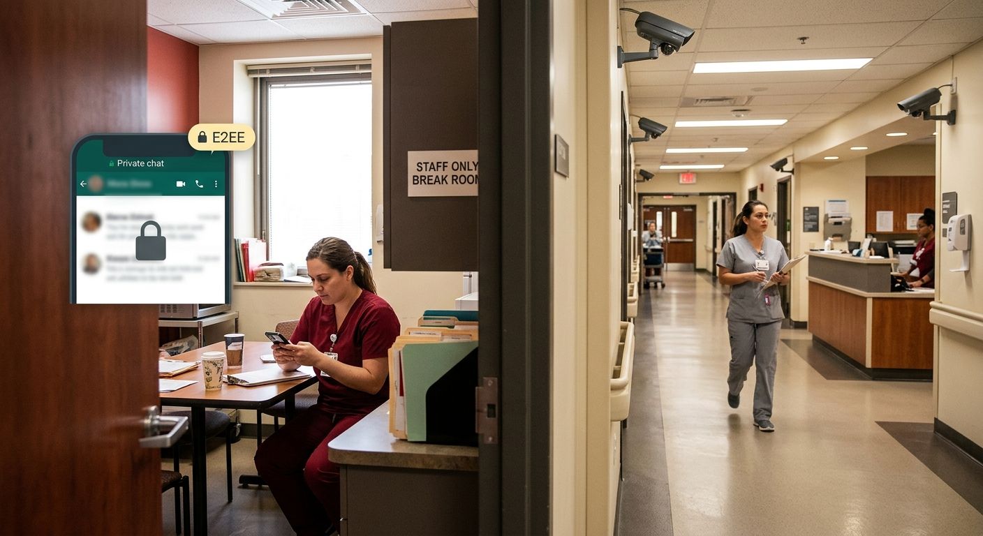 A hospital hallway scene showing a healthcare worker on a personal phone in a break room, with visual elements suggesting digital security like a lock icon and encrypted message bubbles, contrasted wi