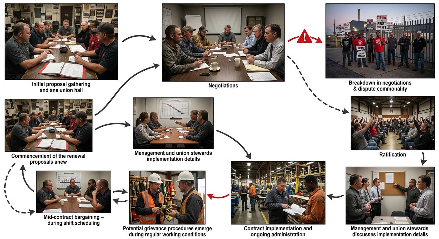 A diagram showing the lifecycle of a collective bargaining agreement from initial proposals through negotiation, ratification, implementation, mid-contract bargaining, and renewal, with arrows indicat