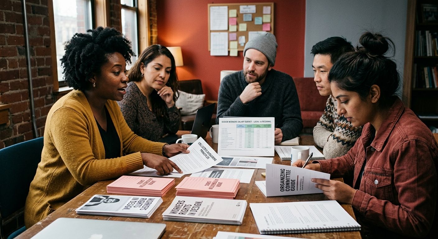 A diverse group of design professionals gathered around a table covered with union authorization cards, pamphlets, and salary comparison charts, depicting a quiet organizing committee meeting