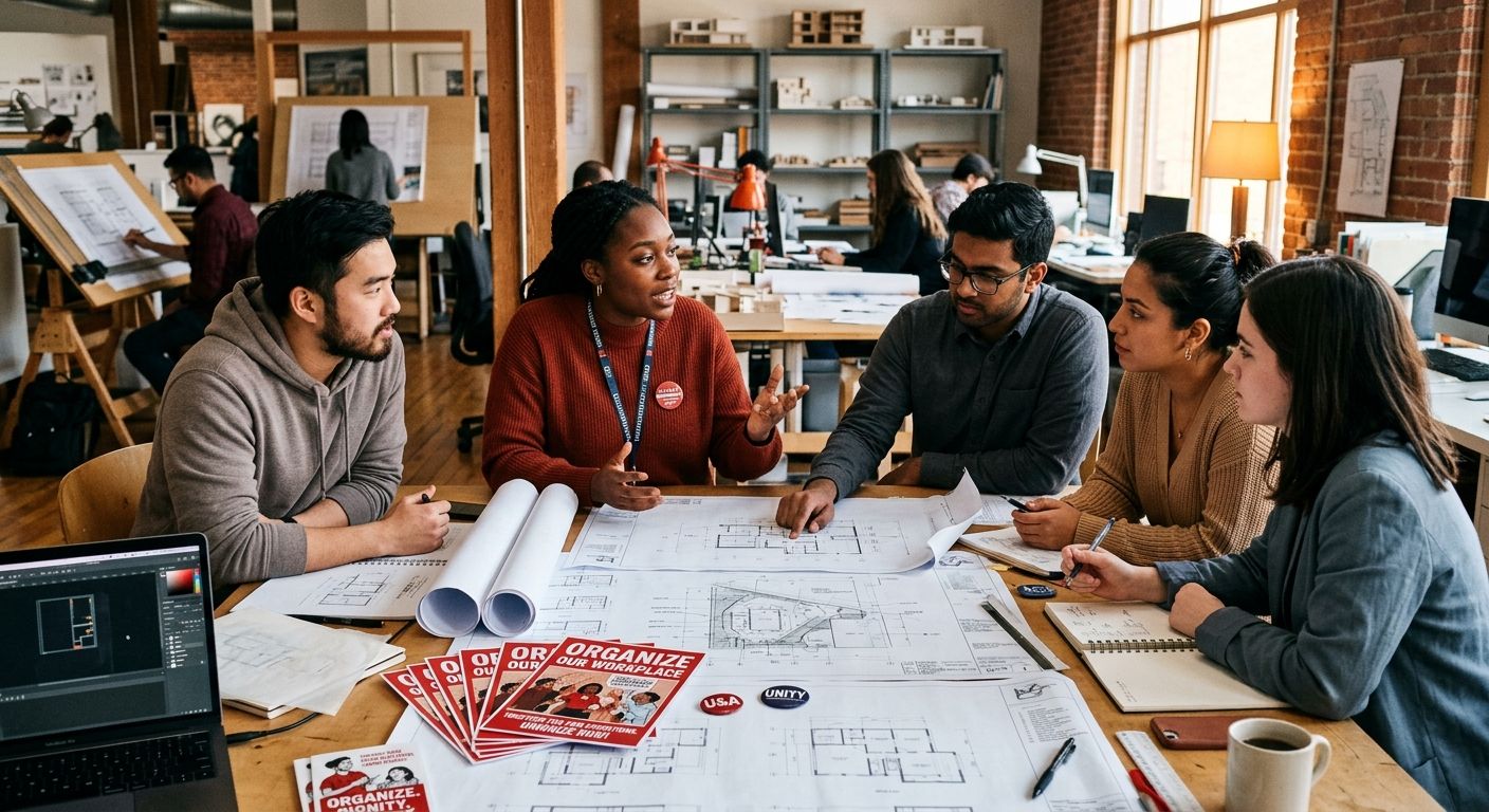 A photograph-style illustration of a diverse group of young architecture workers gathered around a table with building plans, discussing workplace conditions, with union organizing materials visible a