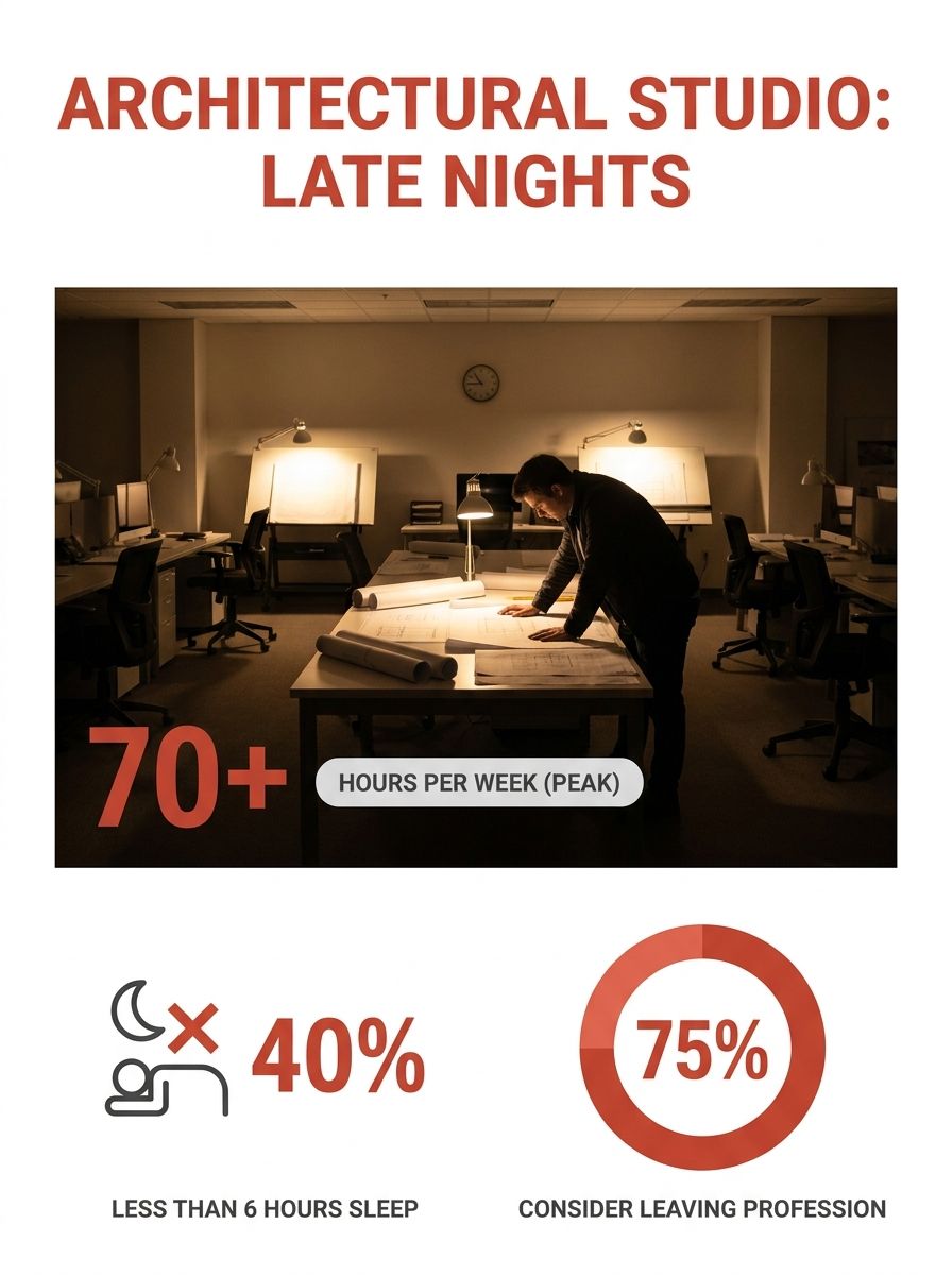 An open-plan architecture studio at night with drafting screens glowing and a single worker hunched over blueprints, illustrating long working hours in the design profession