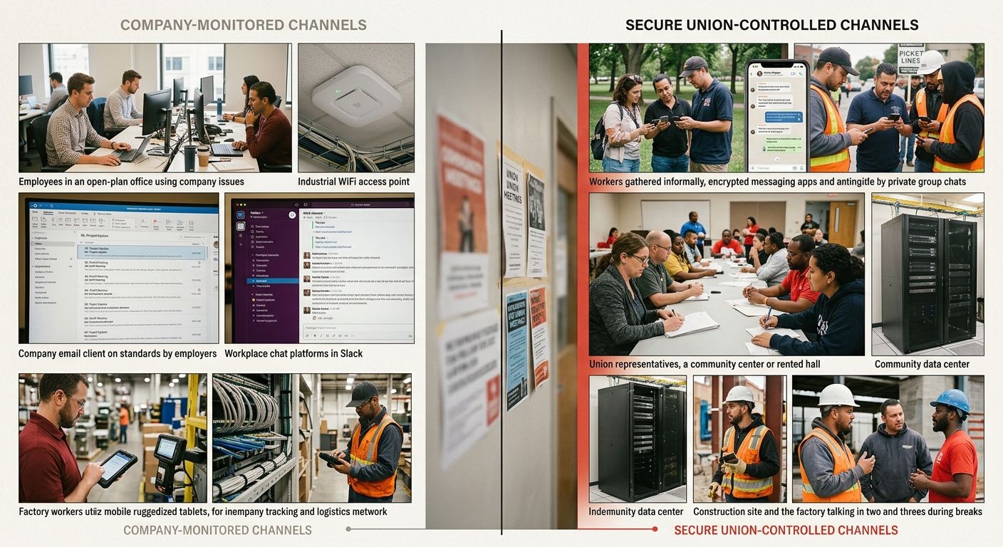 a diagram showing the separation between employer-monitored digital channels (company email, Slack, workplace WiFi) and secure union organizing channels (personal devices, encrypted platforms, union-c