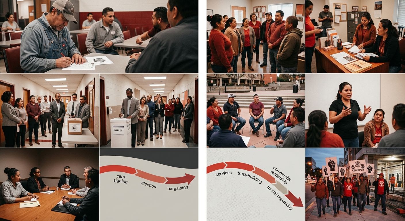 A side-by-side comparison illustration showing a traditional union organizing pathway on the left (card signing, election, bargaining) versus a migrant worker organizing pathway on the right (worker c