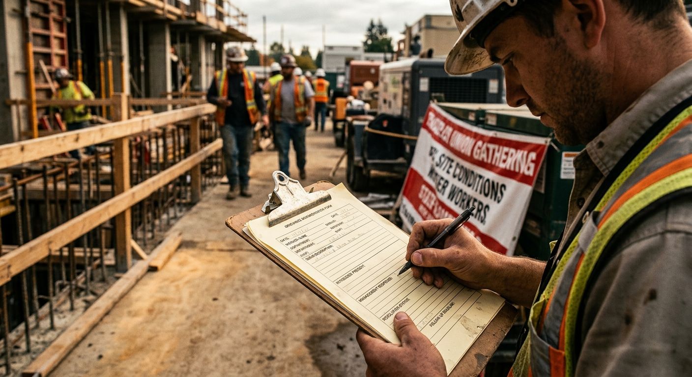 A sample workplace grievance documentation template showing labeled fields for date, worker name, department, shift, issue description, witnesses present, management response, resolution status, and f