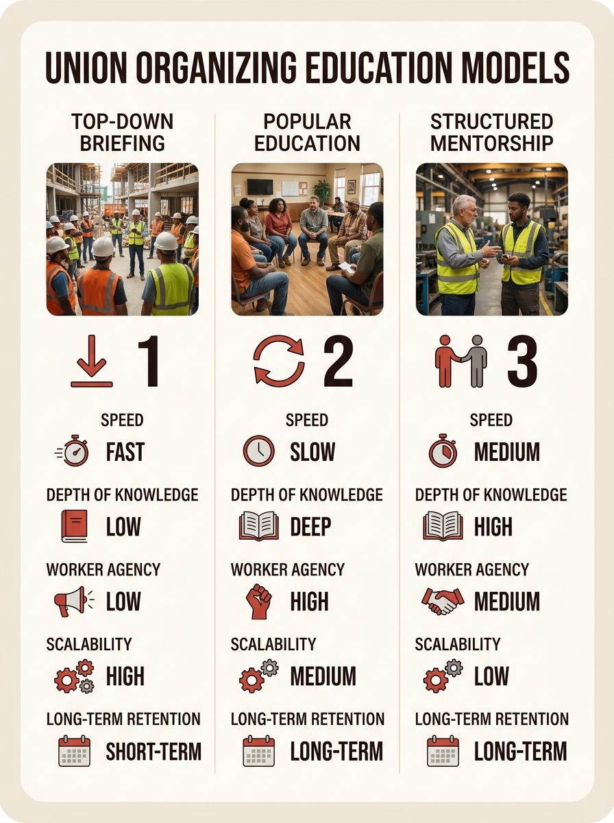 Infographic showing three columns comparing education models for union organizing committees - top-down briefing, popular education, and structured mentorship - with rows for speed, depth of knowledge
