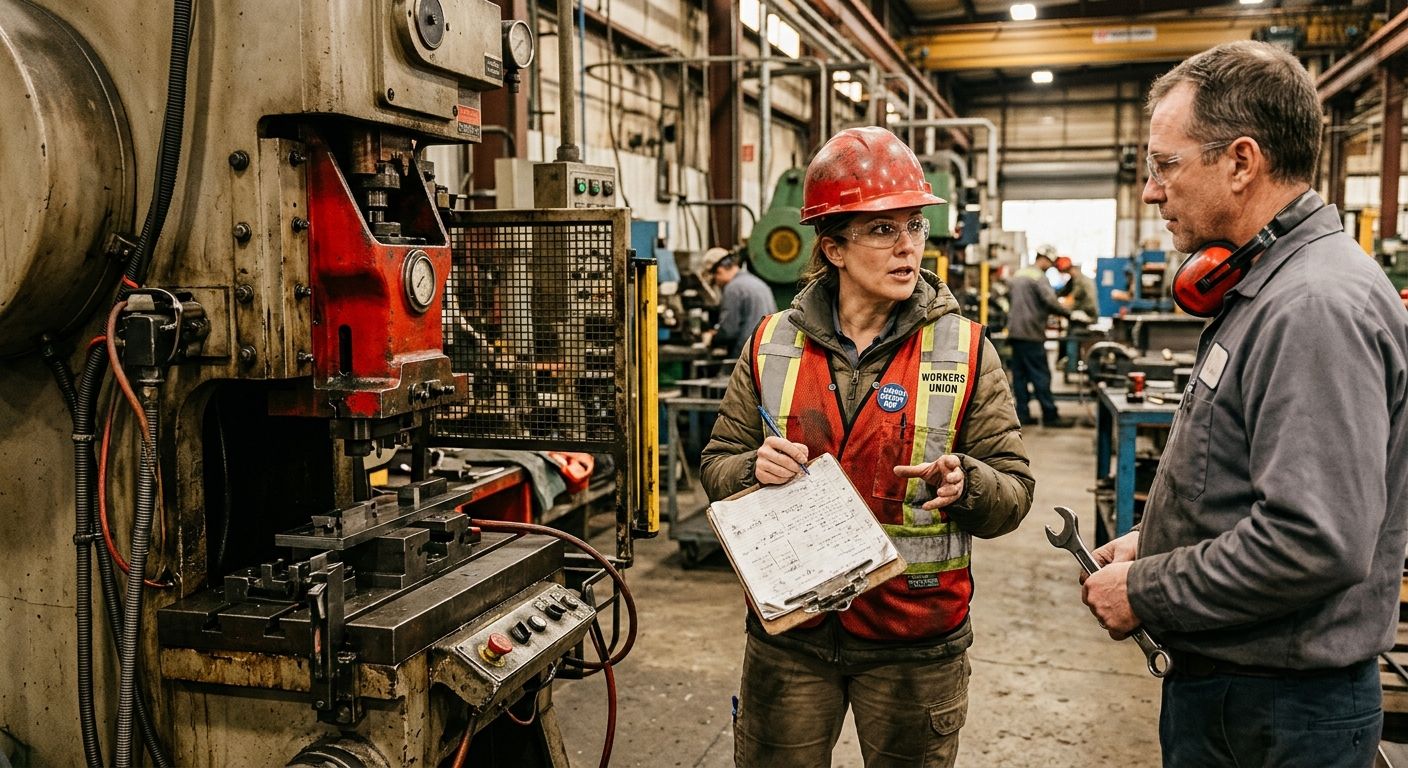 A workplace scene showing a union safety representative wearing a hard hat, clipboard in hand, inspecting industrial equipment on a factory floor while taking notes and speaking with a coworker