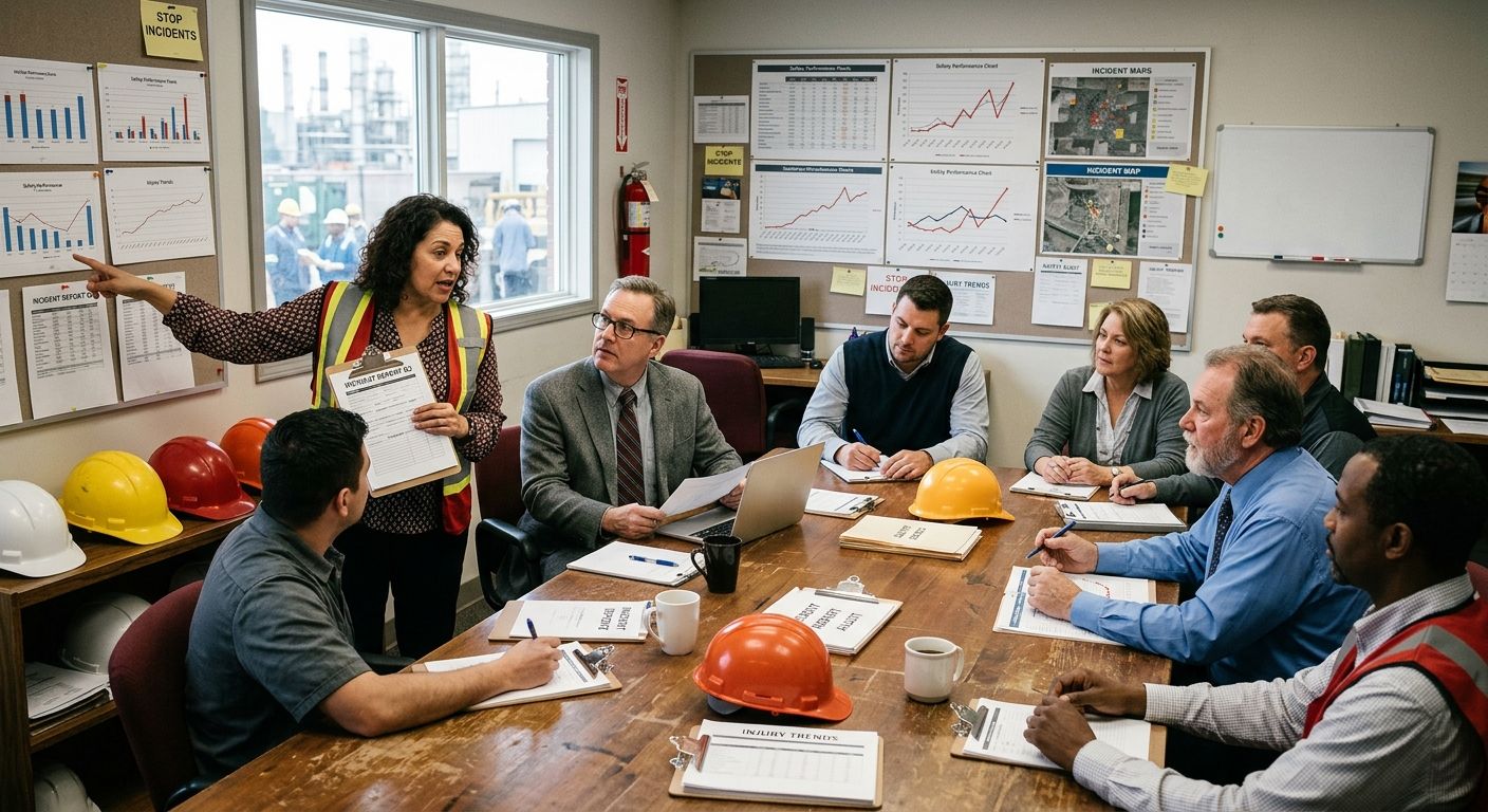 A workplace safety committee meeting in a conference room with union representatives and management sitting around a table reviewing incident reports and safety data charts posted on the wall, hard ha