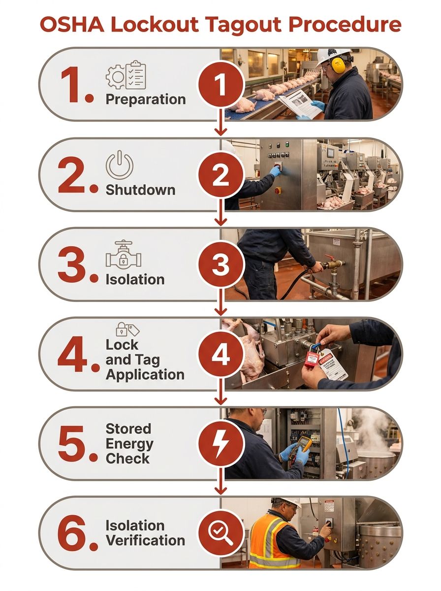 Infographic showing the six steps of OSHA's lockout tagout procedure in a vertical flowchart, with icons for each step: preparation, shutdown, isolation, lock and tag application, stored energy check,