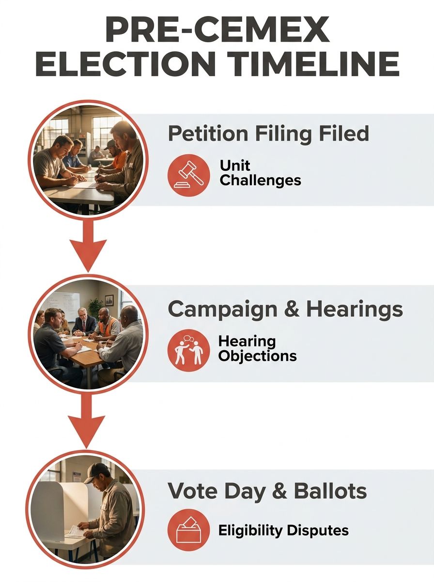 A timeline infographic showing the typical pre-Cemex NLRB election process from petition filing through campaign period to vote day, with red markers at each stage where employer delay tactics commonl