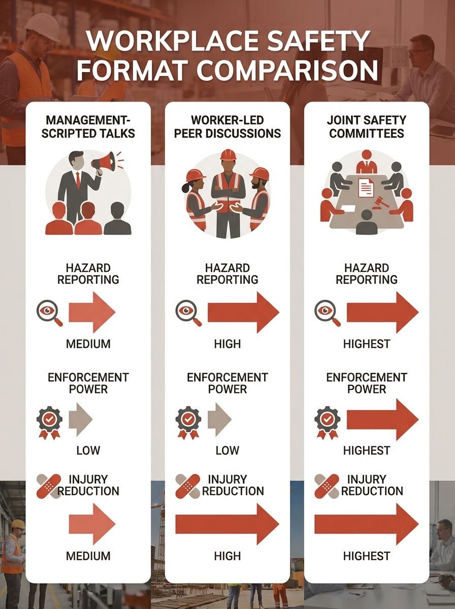 An infographic comparing three workplace safety moment formats side by side, showing icons for management-scripted talks, worker-led peer discussions, and joint safety committees, with arrows indicati