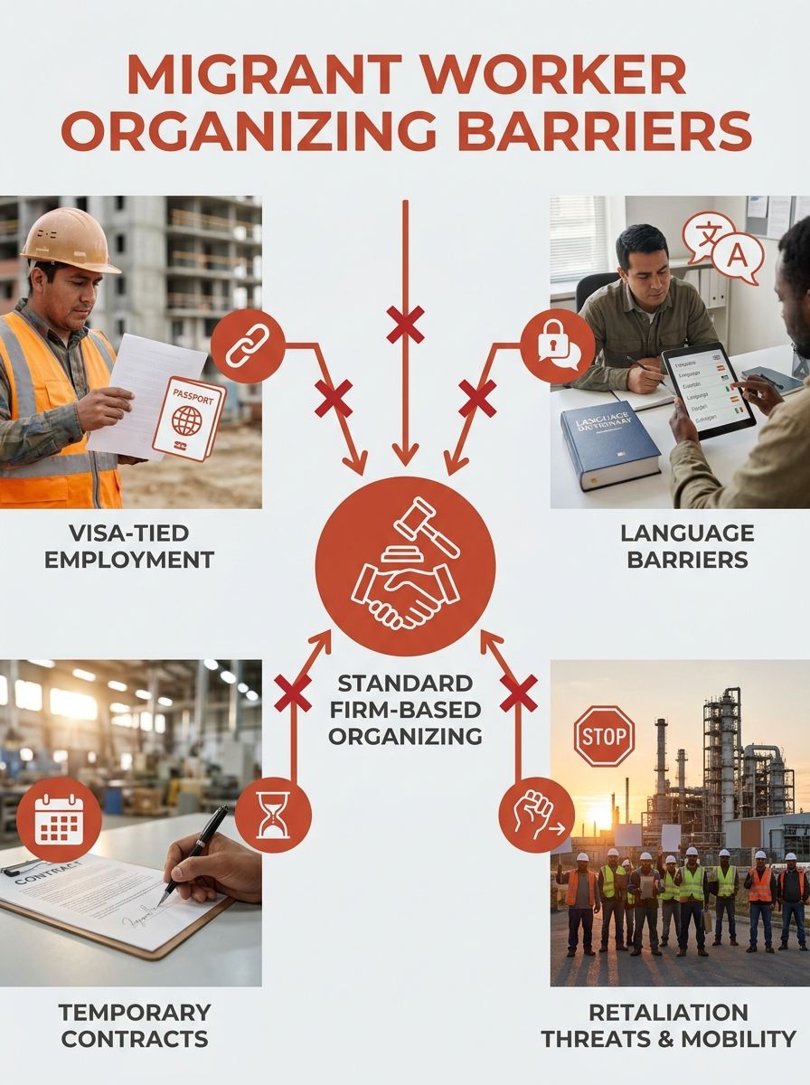 infographic showing the structural barriers migrant workers face in traditional union organizing, including visa-tied employment, temporary contracts, language barriers, employer retaliation threats, 