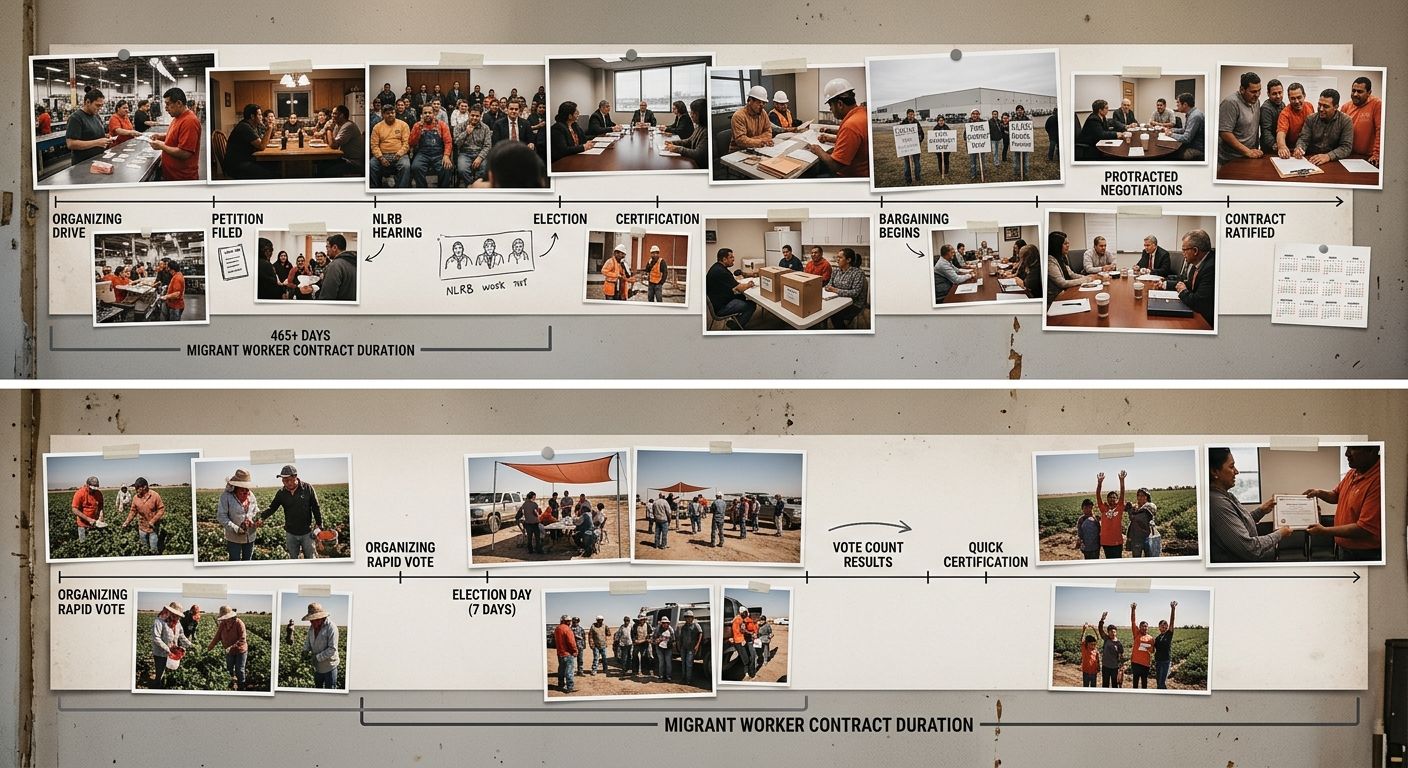a comparison timeline showing the standard NLRB union election and first contract process spanning 465+ days versus California's ALRA rapid election process of 7 days, with annotations showing how mig