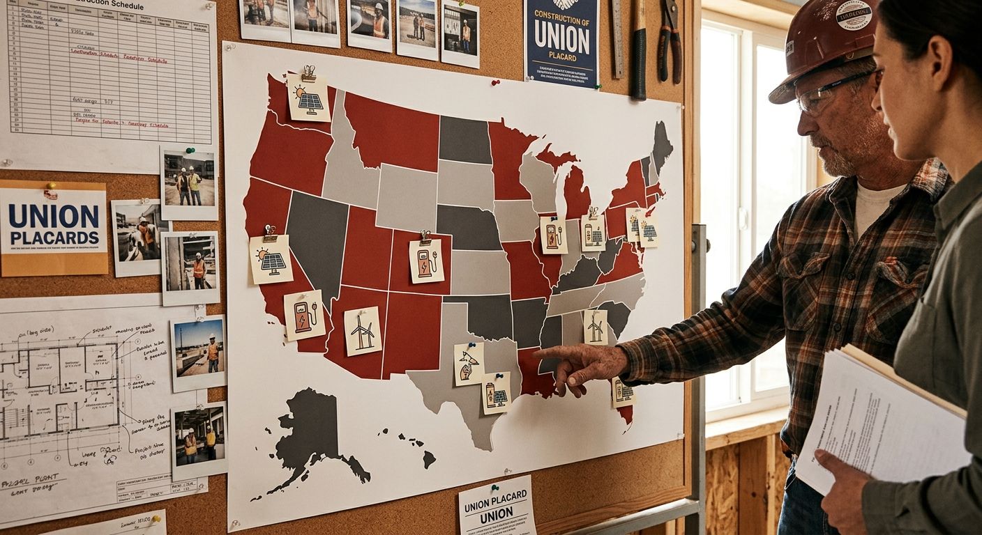 A U.S. map color-coded to show the 32 states with prevailing wage laws versus states without, with icons highlighting the IRA's expanded coverage for clean energy projects nationwide