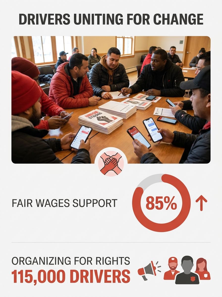 Uber and Lyft drivers gather at an organizing meeting, with union materials and smartphones visible on a table