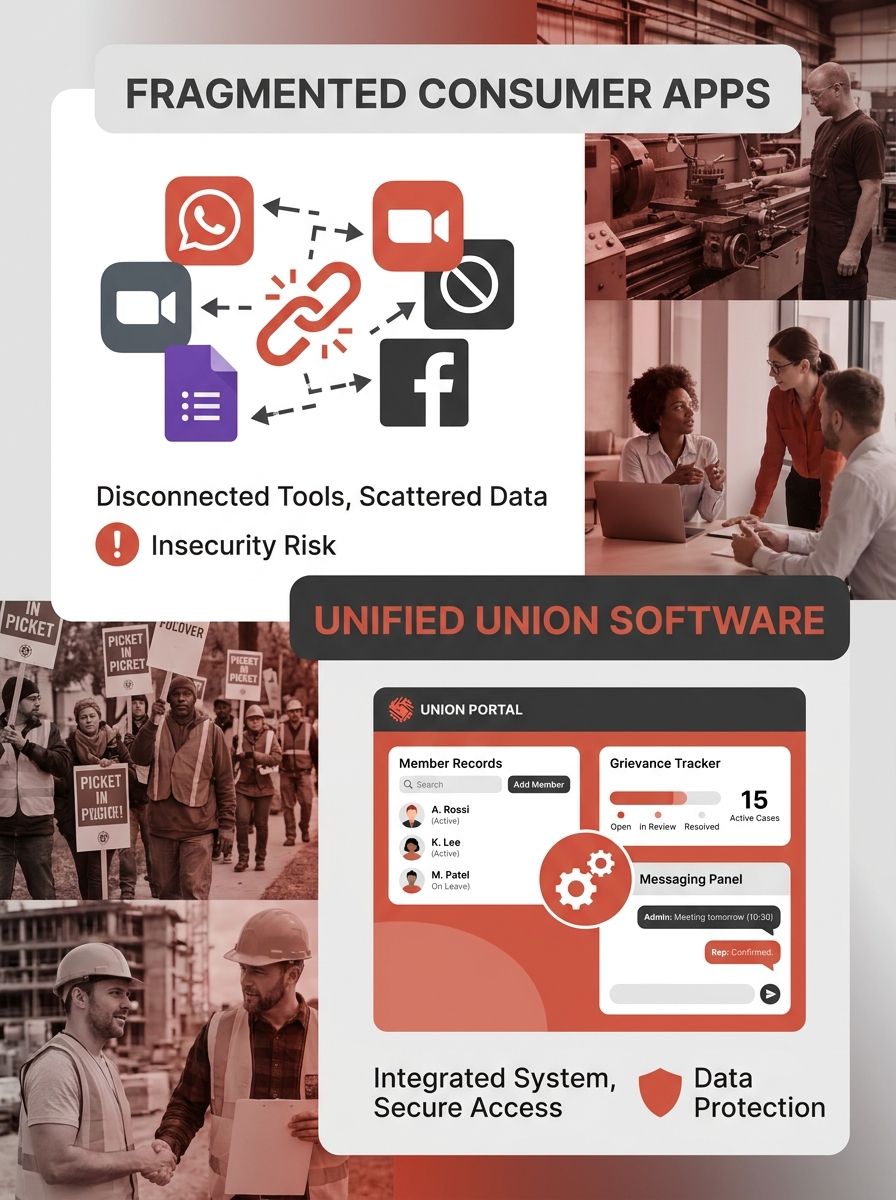 A split-screen comparison showing a scattered collection of consumer app icons like WhatsApp, Zoom, Google Forms, and Facebook on one side, and a unified union software dashboard with member records, 