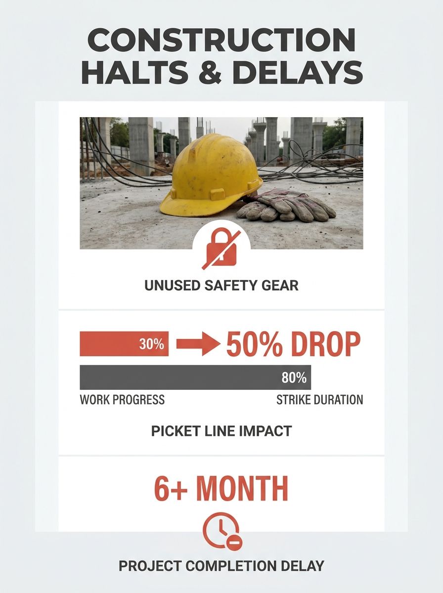 Yellow safety helmet and gloves lying unused at a construction site with metro pillars and electrical lines visible in background