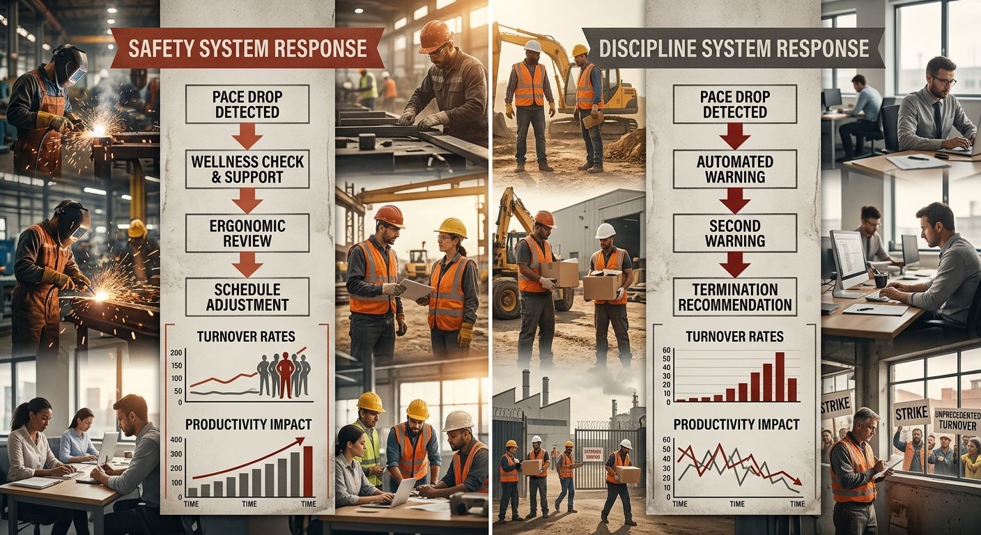 Infographic comparing two parallel flowcharts side by side - one labeled "Safety System Response" showing pace drop leading to wellness check, ergonomic review, and schedule adjustment, versus one lab