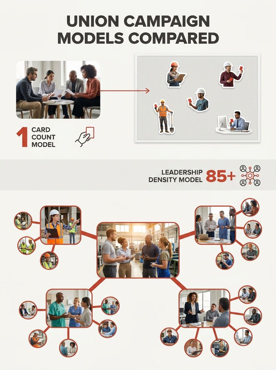 An infographic showing two side-by-side campaign models, one labeled "Card Count Model" showing a narrow organizing committee connected to scattered card signers, and one labeled "Leadership Density M