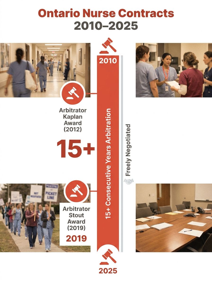 Infographic showing a timeline from 2010 to 2025 of Ontario nurse contract negotiations, with each year marked as either "resolved by arbitration" or "freely negotiated," illustrating that arbitration