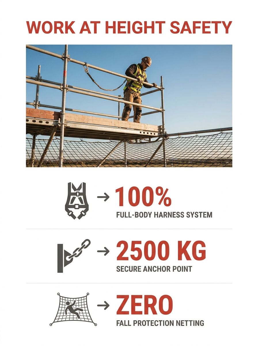 A construction worker on elevated scaffolding wearing a full-body harness connected to an anchor point, with safety netting visible below and clear sky in the background