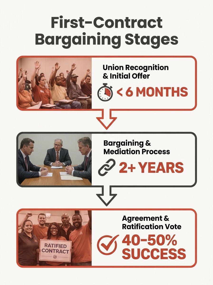 An infographic showing the stages of first-contract bargaining from union recognition through mediation to ratification, with statistics on first-contract success rates and timelines