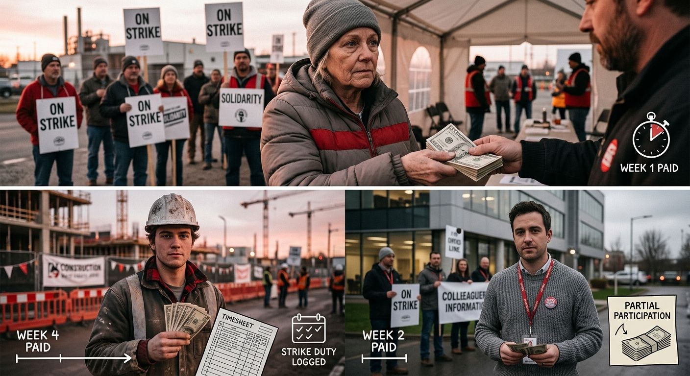 A comparison illustration showing three different union members receiving different strike pay amounts on different timelines, with visual indicators of waiting periods and participation requirements