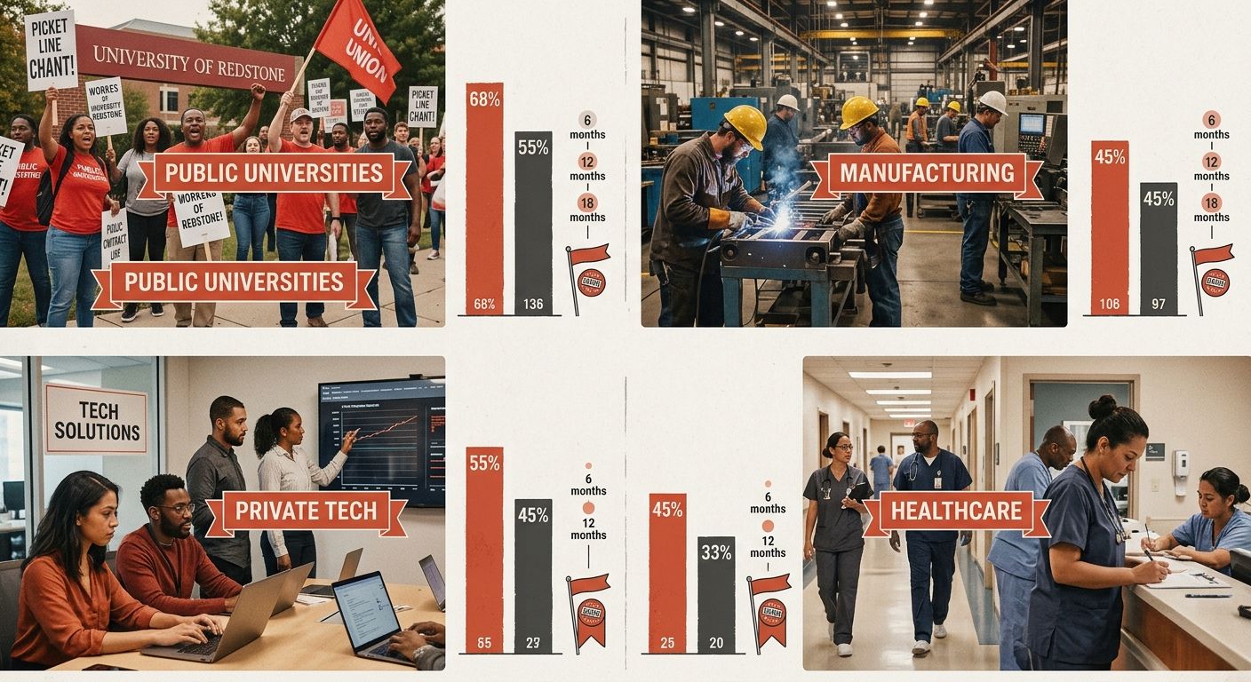 A comparison chart showing first-contract win rates across different sectors — public universities, private tech, manufacturing, healthcare — with percentages and timelines for each