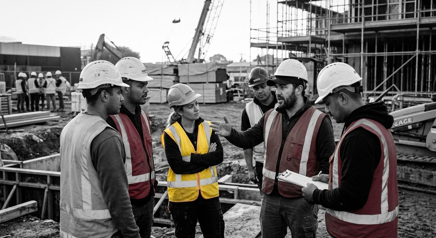 A group of construction workers in hard hats and high-visibility vests standing in a morning huddle circle on a job site, one worker gesturing and speaking while others listen attentively, with equipm