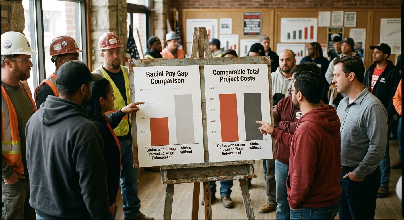 A bar chart comparing construction worker wages and project outcomes in states with strong prevailing wage enforcement versus states without, showing the 7 percentage point reduction in racial pay gap