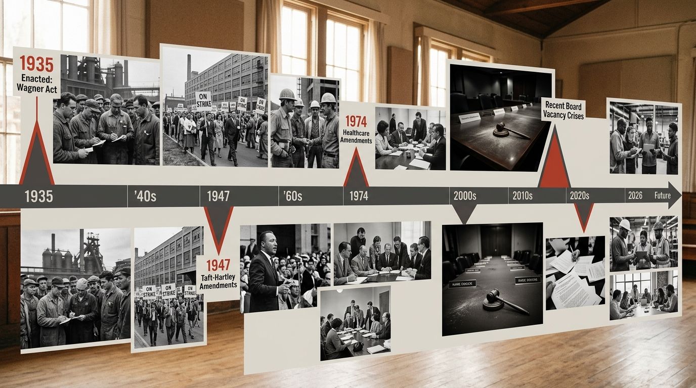 a timeline illustration showing the NLRB's enforcement power across decades from 1935 to 2026, with markers for the Wagner Act, Taft-Hartley amendments, 1974 healthcare amendments, and recent board va