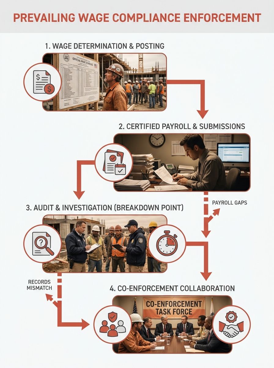 infographic showing the six enforcement steps in prevailing wage compliance, from wage determination posting through certified payroll to co-enforcement, with icons for each step and arrows showing wh