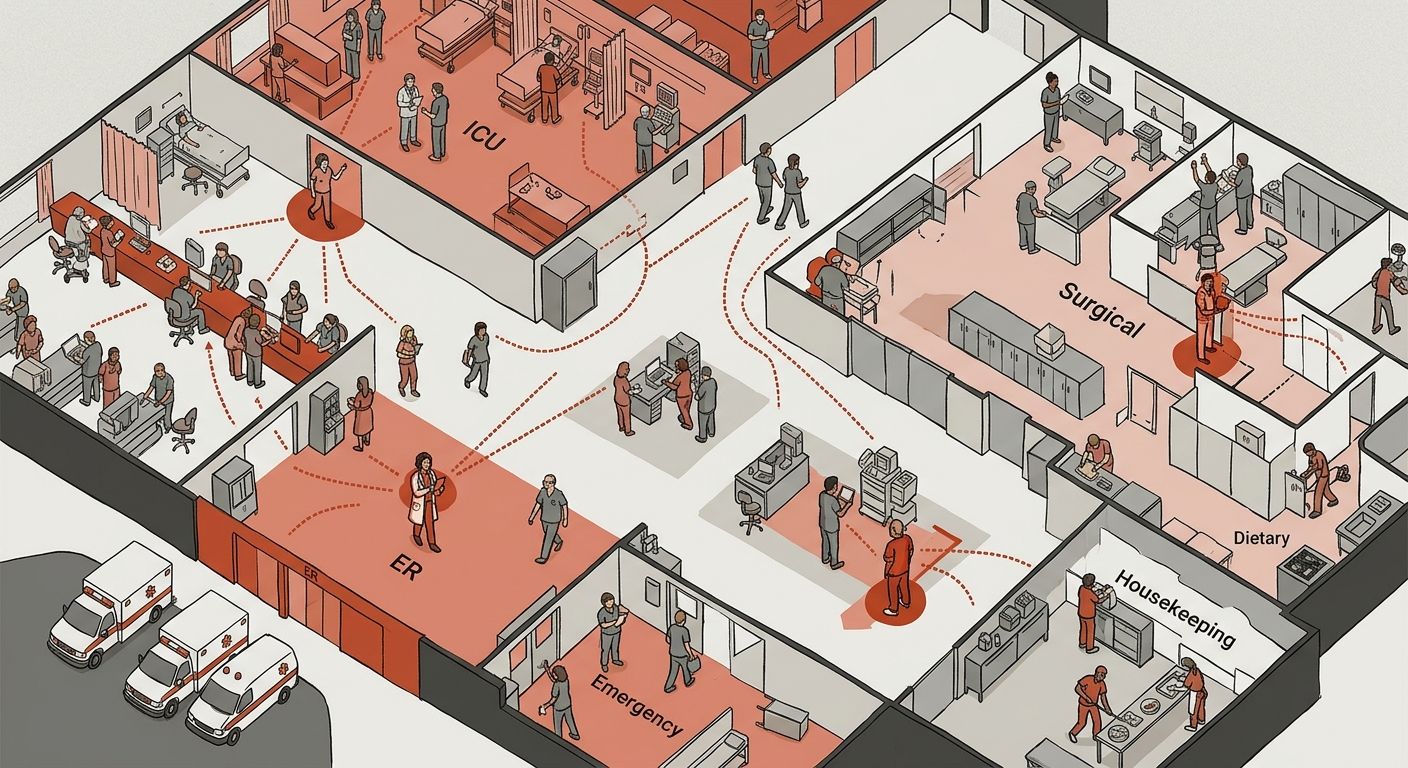 A hospital floor diagram showing different departments like ICU, ER, surgical, dietary, and housekeeping, with highlighted worker-leaders positioned throughout each department and shift, connected by