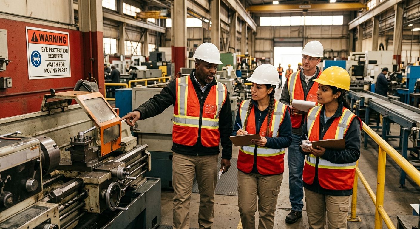 A diverse group of workers in hard hats and safety vests conducting a hands-on safety walk-through of a manufacturing floor, pointing at equipment and taking notes on clipboards, with safety signage v