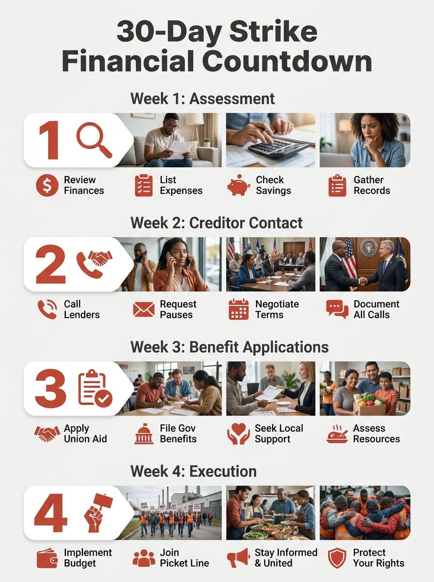 An infographic showing a 30-day strike financial countdown timeline, with four weekly phases labeled Assessment, Creditor Contact, Benefit Applications, and Execution, each containing 3-4 specific act